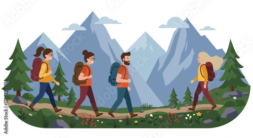 Group hiking in mountain landscape with backpackers on scenic trail