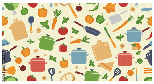 Colorful kitchenware and vegetables seamless pattern with cooking utensils