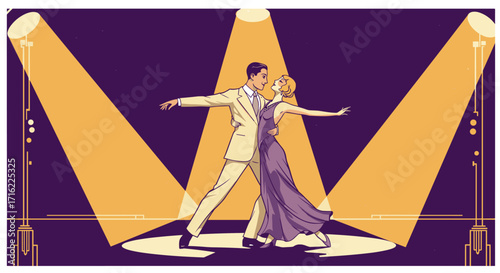 Elegant couple ballroom dancing under spotlights in art deco style