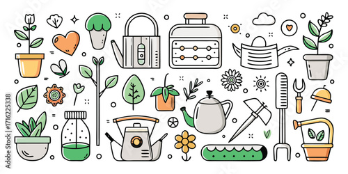 Charming hand-drawn garden tools and plants collection for creative projects