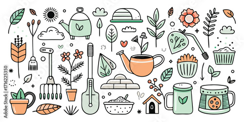 Charming doodle collection of gardening tools plants flowers and supplies for gardeners