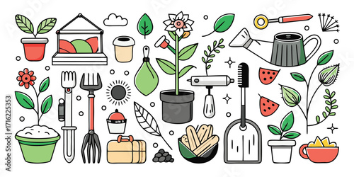 Collection of hand-drawn gardening tools and plants perfect for your next project