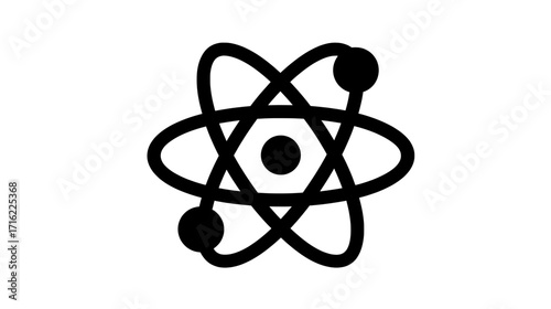 Minimalist atom structure vector logo with red nucleus and orbiting electrons on cream background, scientific symbol for technology branding, educational materials, or corporate identity design