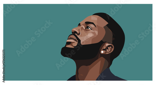 Geometric portrait of man looking upward against teal background