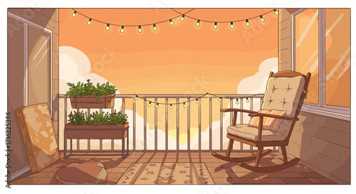 Cozy balcony at sunset with string lights and rocking chair