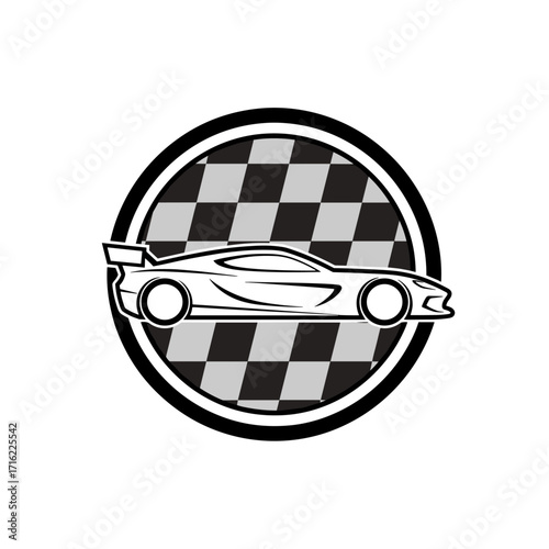 Racing Car Emblem with Checkered Flag Background.