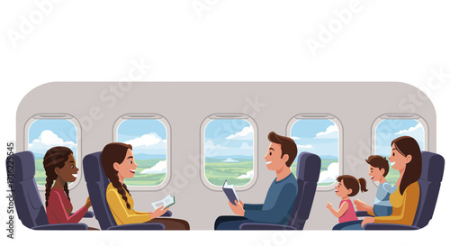 Family travel experience: happy passengers relaxing on airplane journey