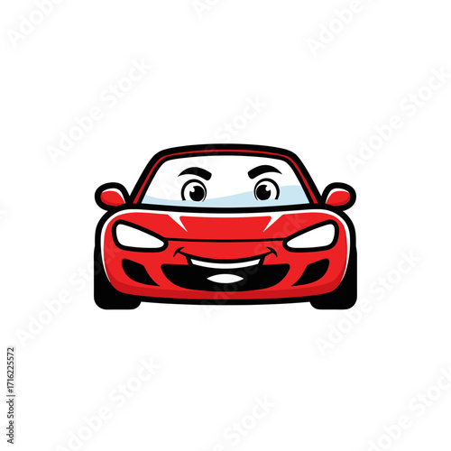 Cute Red Sports Car Character with Happy Face.