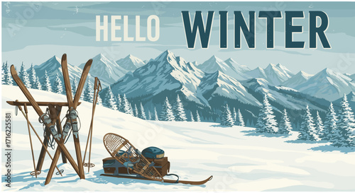 Hello winter: vintage mountain landscape with snowy peaks and winter sports gear