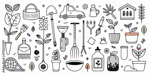 Collection of hand-drawn gardening tools and plants various supplies for your garden