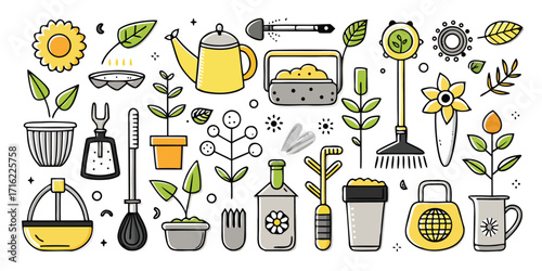 Delightful assortment of whimsical gardening tools and plants hand drawn art