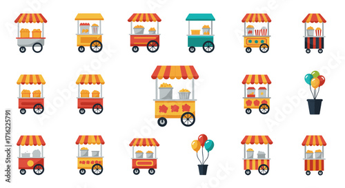 Colorful popcorn and candy carts with balloons in flat design