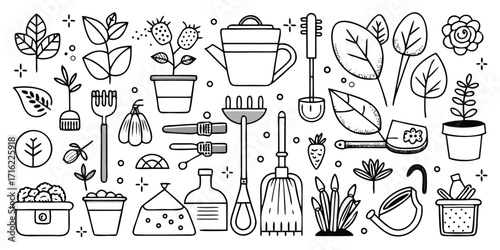 Doodle gardening tools and plants collection for your next project