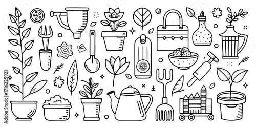 Diverse gardening tools and plants collection hand-drawn style for hobbyists and gardeners
