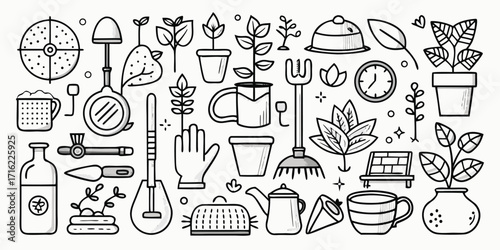 Collection of garden tools and supplies hand drawn style line art elements