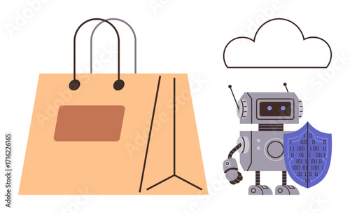 Robot holding shield next to shopping bag and cloud graphic, emphasizing cybersecurity, data protection, and e-commerce. Ideal for technology, retail, innovation, digital safety, AI automation