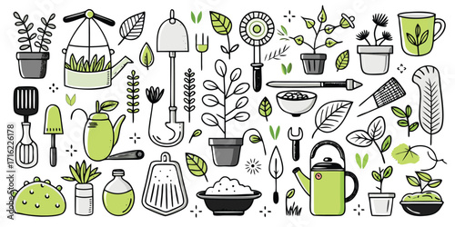 Collection of sketchy gardening tools plants pots and watering cans for gardeners