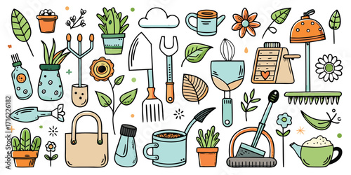 Whimsical hand-drawn garden tools and plants collection for creative projects