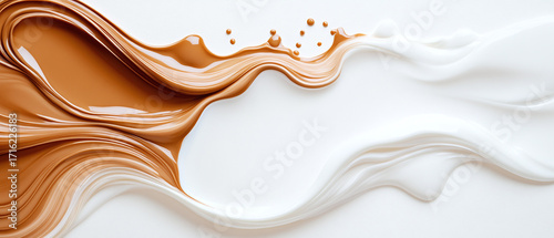 Melted chocolate and milk on white background with milk and dessert elements
