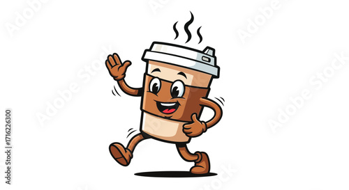 Cheerful coffee cup character waving hello and giving a thumbs up, ready to serve