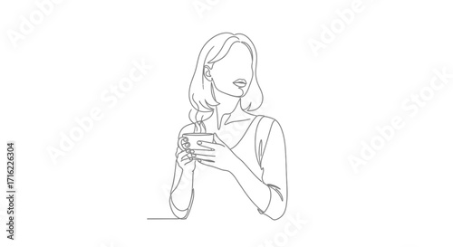 Elegant woman enjoying a warm beverage, a moment of calm in minimalist line art style