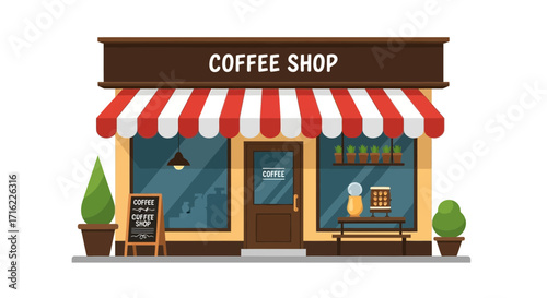 Charming coffee shop storefront invites customers with its warm, inviting facade and clear signage for a perfect brew.