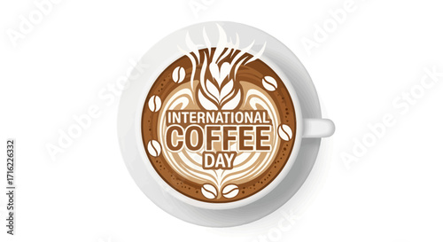 Celebrate International Coffee Day with this vibrant cup featuring latte art and coffee beans