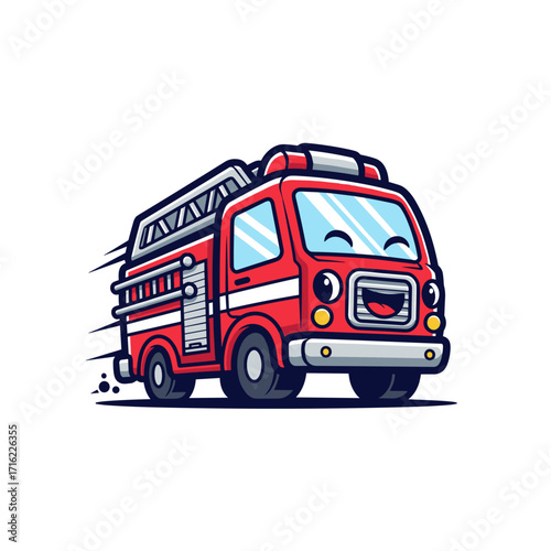 Cute Cartoon Fire Truck Driving Fast with Motion Lines.