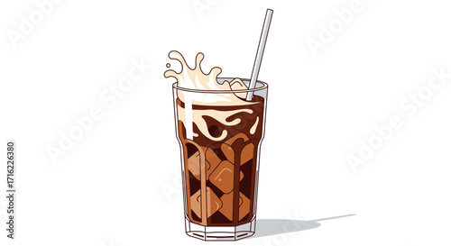 Refreshing iced coffee with creamy splash and straw, perfect for summer refreshment