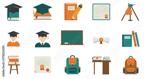 Education icons set featuring graduation caps, books, and school supplies in flat design