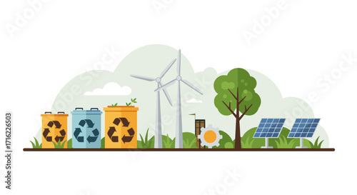 Sustainable energy icons: wind turbines, solar panels, and recycling bins in eco-friendly landscape