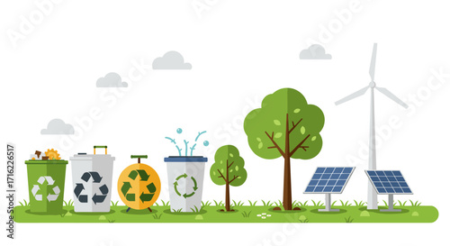 Eco-friendly recycling and renewable energy with bin icons and solar panels