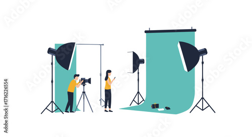 Professional photography studio setup with lighting and green screen backdrops