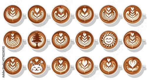 Delightful coffee art collection showcases intricate latte designs from hearts to cats and trees.