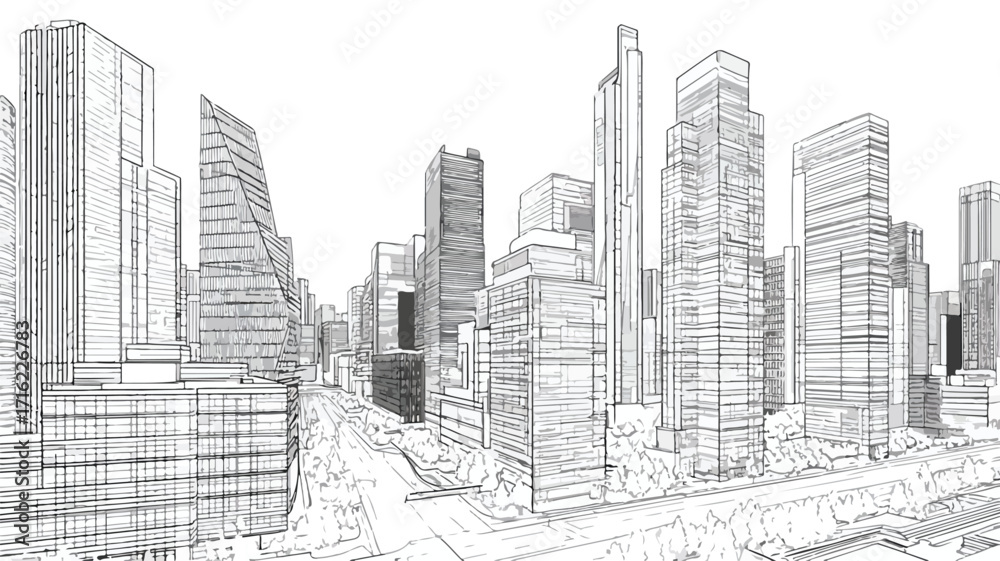 Naklejka premium Dynamic Urban Cityscape Line Art Style Background Illustration