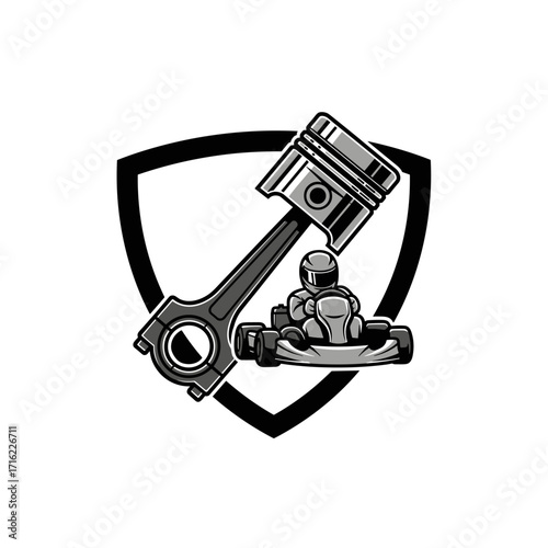 Go Karting Emblem with Piston and Driver Icon.