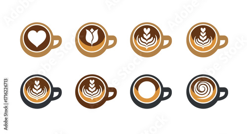 Delightful coffee art designs featuring latte hearts, tulips, and swirls in elegant cups