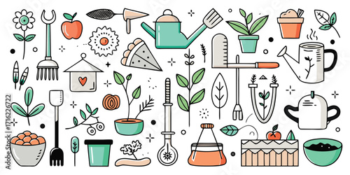 Whimsical hand-drawn garden tools and plants with colorful accents for a lively atmosphere