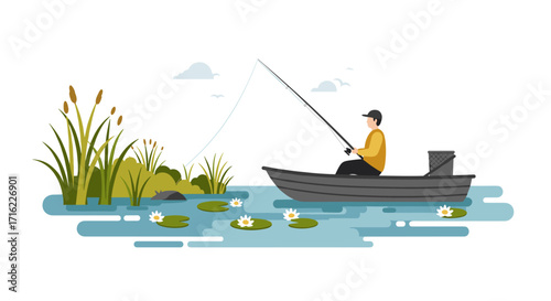 Outdoor fishing scene with man in boat on calm lake with lilies and reeds