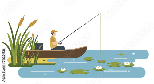 Man fishing in tranquil lake scene with boat and water lilies