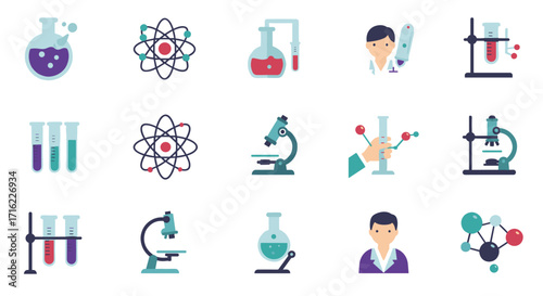 Colorful flat science icons set: laboratory, microscope, and chemistry elements