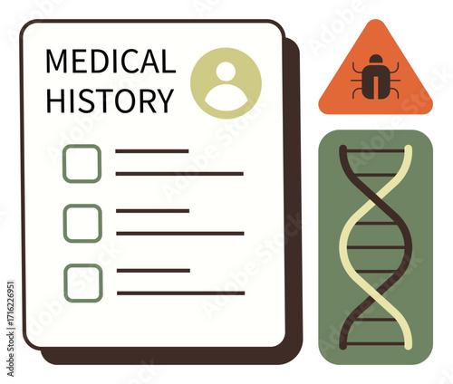 Medical history file with checklist, DNA strand on a green background, and a triangular alert with a bug symbol. Ideal for healthcare, genetics, diagnostics, prevention, research, epidemiology