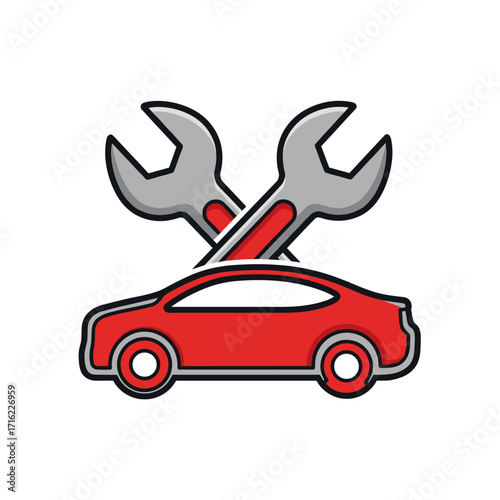 Red Car with Crossed Wrenches Icon for Auto Repair and Maintenance Services.