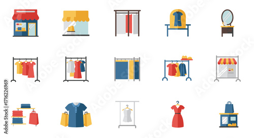 Shopping and fashion icon set: clothing, accessories, and boutique stores