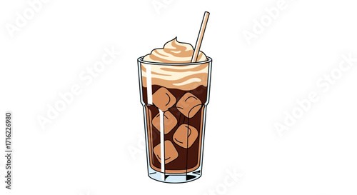Refreshing iced coffee with whipped cream and straw, perfect for summer refreshment and cafe enjoyment.