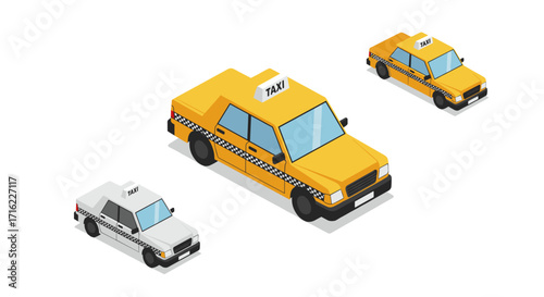 Isometric yellow taxi design with checkered details on white background