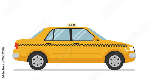 Yellow taxi car with checkered stripe in flat style on white background