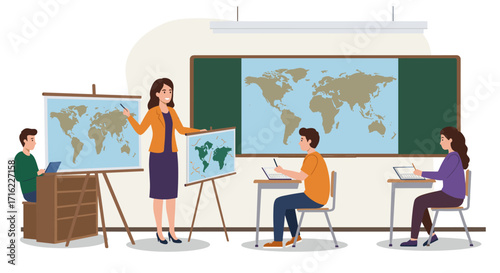 Classroom geography lesson with teacher and students engaged in learning activities