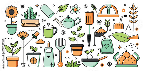 Charming hand-drawn gardening tools and plants art collection for garden enthusiasts