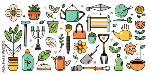 Charming collection of hand-drawn gardening tools and supplies for your garden